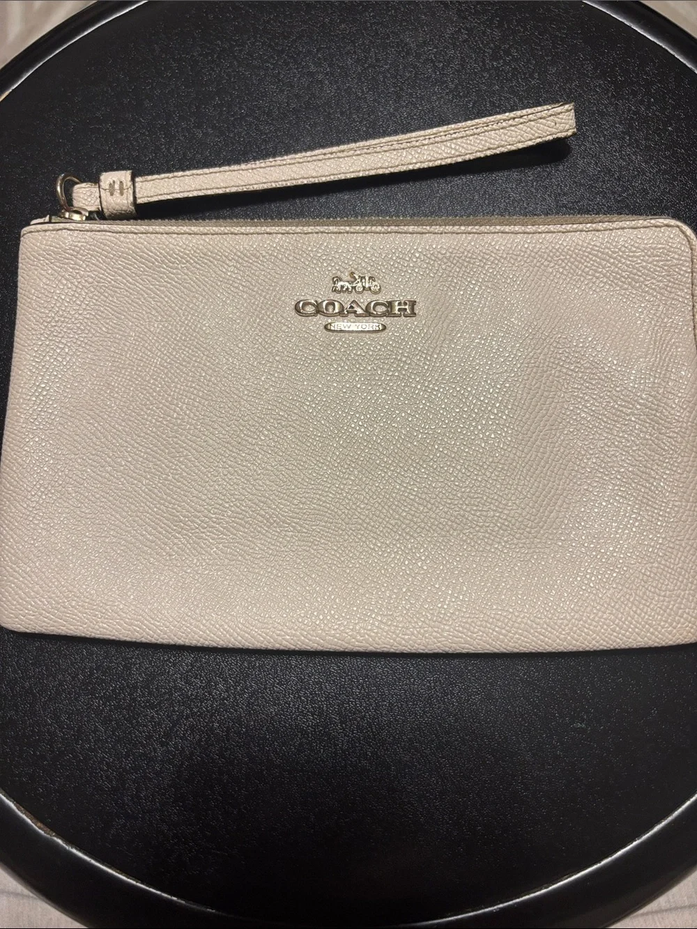 Coach Cream Leather Corner Zip Wristlet with Gold Logo